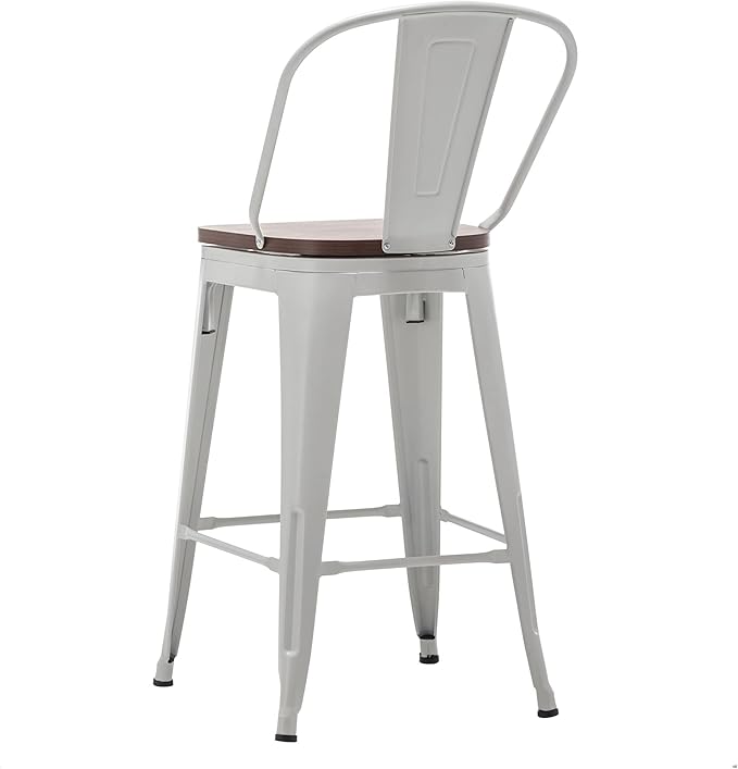 Alunaune 24" Swivel Metal Bar Stools Set of 4 High Back Counter Height Barstools Industrial Dining Bar Chairs with Large Wooden Seat-White