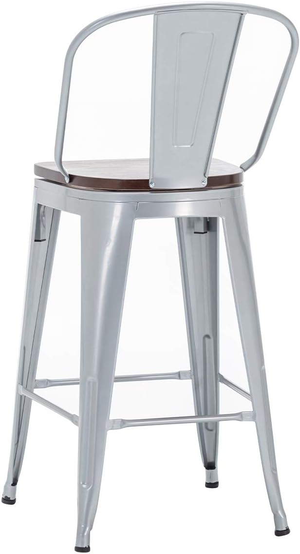 Alunaune 26" Swivel Metal Bar Stools Set of 4 High Back Counter Height Barstools Kitchen Dining Bar Chairs Industrial with Large Wooden Seat-Silver