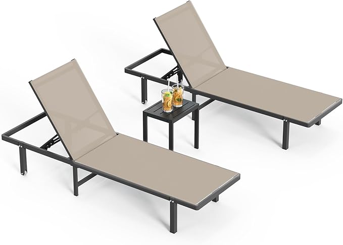 Pool Lounge Chairs Set of 3 (2 Loungers + 1 Side Table),Outdoor Lounge Chairs with Wheels and 5-Position Recliner, Aluminum Patio Lounge Chair for Poolside, Deck (Khaki)