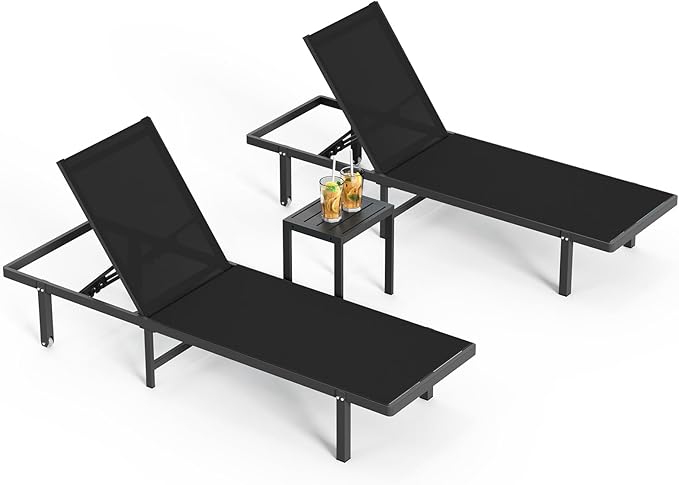 Pool Lounge Chairs Set of 3 (2 Loungers + 1 Side Table),Outdoor Lounge Chairs with Wheels and 5-Position Recliner, Aluminum Patio Lounge Chair for Poolside, Deck (Black)