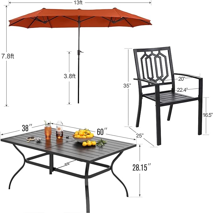 PHI VILLA Patio Dining Set 8 PCS with 13ft Double-Sided Patio Umbrella(Orange Red),Metal Outdoor Dining Set - 6 x Outdoor Stackable Chairs, 1 x 60"x38"Rectangle Dining Table and 1 Umbrella