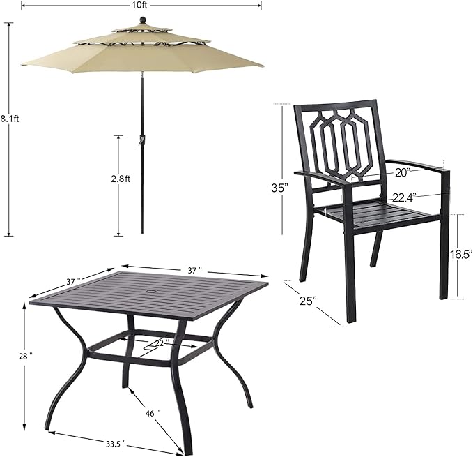 PHI VILLA Patio Dining Set 5 pcs with Umbrella(Beige),1 Square Metal Table& 4 Metal Outdoor Stackable Chairs and 1 10ft 3 Tier Auto-tilt Umbrella (Base Not Included)