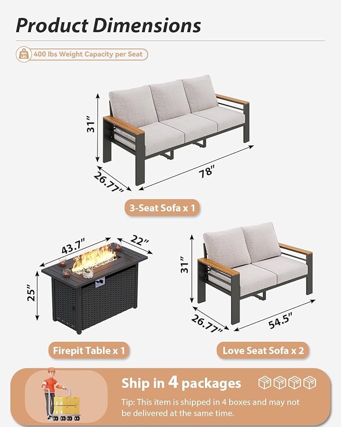 Aoxun Aluminum Outdoor Patio Furniture Set, 7 Seats Outdoor Sectional with Fire Pit Table, Patio Conversation Sets with Upgraded Armrests and Cushions for Backyard, Garden and Poolside(Grey)