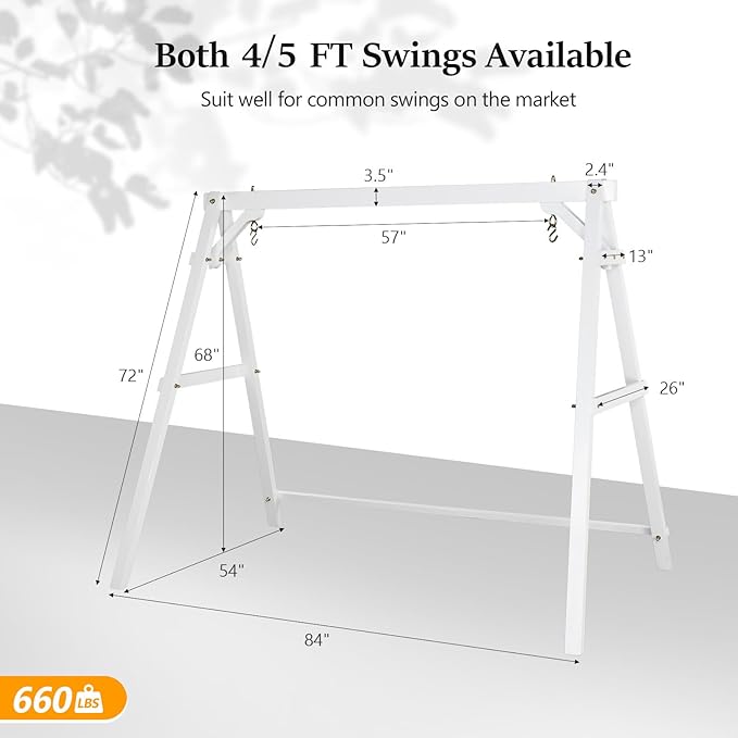 VINGLI 5 FT Outdoor Porch Swing with Frame, Patio Hanging Swing & Stand with Extra Cushions Heavy Duty 880 LBS for Yard, Garden, Pool, Deck, White