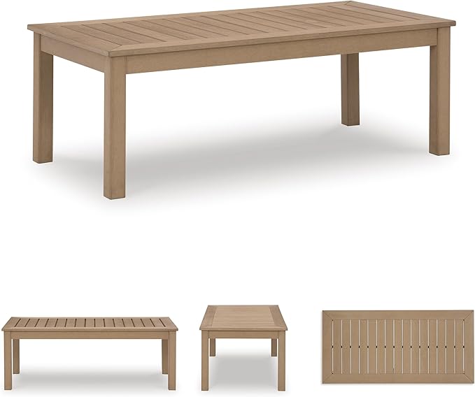 Signature Design by Ashley Hallow Creek Casual UV Resistant Resin Outdoor Coffee Table, Light Brown