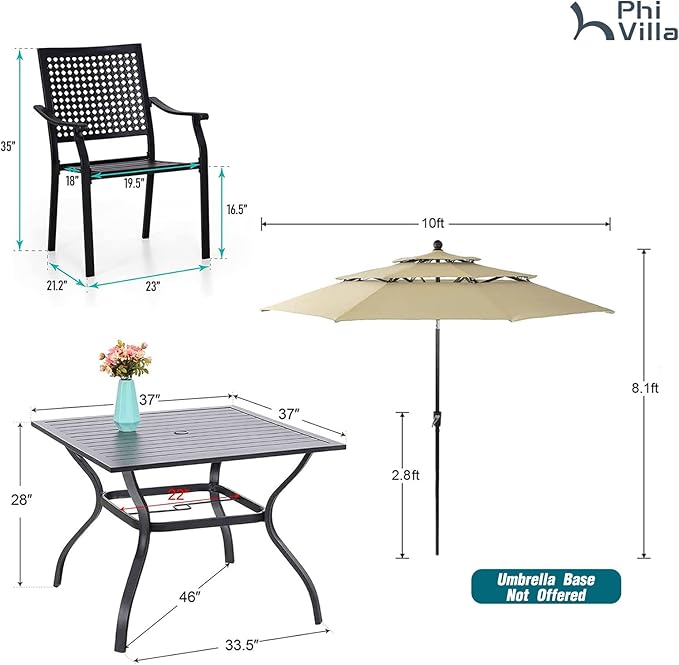 PHI VILLA 5 Pieces Outdoor Dining Set for 4 with 10ft Umbrella, 37" Metal Square Table & Stackable Wrought Iron Chair with Cushions & Beige Umbrella, Modern Furniture Set for Patio, Deck, Yard, Porch