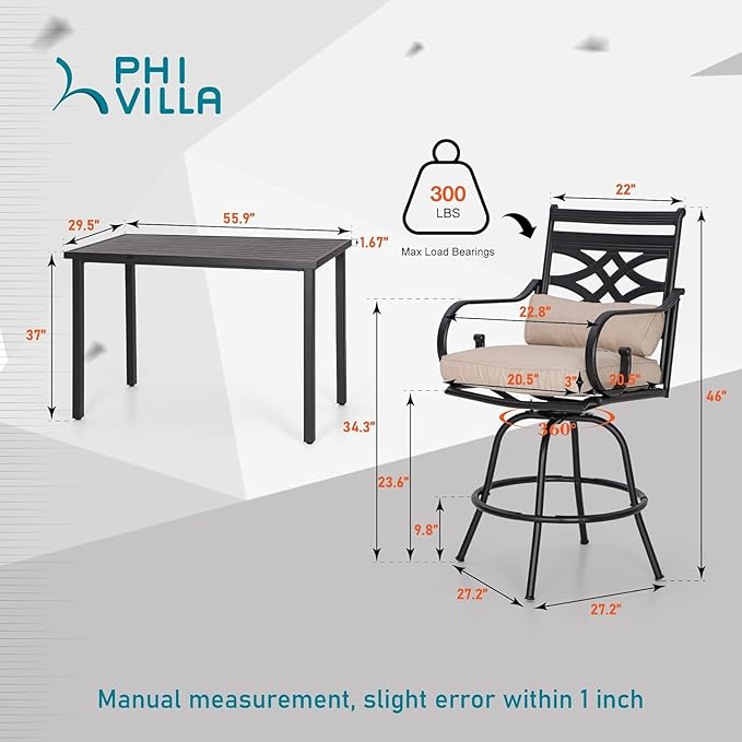 PHI VILLA 5 Piece Patio Bar Set,Outdoor Bar Table and Chairs Set, Strong and Heavy Duty Outdoor Bar Set with Cushion and Pillow,4PC Swivel Bar Stools with Rectangular Bar Height Table