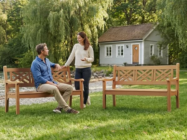 Psilvam 63''W All-Weather Poly Lumber Outdoor Bench – Teak Color, 3-Person Garden Bench with Decorative Backrest & Curved Armrests, Anti-Rot & Fade-Free Patio Bench for Porch, Backyard(Teak Color)