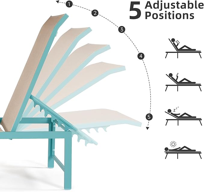 Outdoor Pool Lounge Chairs Set 2 pcs, Aluminum Outdoor Lounge Chair, Five-Position Recliner Loungers for Poolside Yard Balcony Deck Beach (Blue)