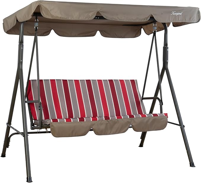 Kozyard Alicia 3-Seat Patio Swing, Outdoor Canopy Swing with Steel Frame, Adjustable Canopy and Removable Cushions for Porch Patio Garden Poolside, Red Stripe