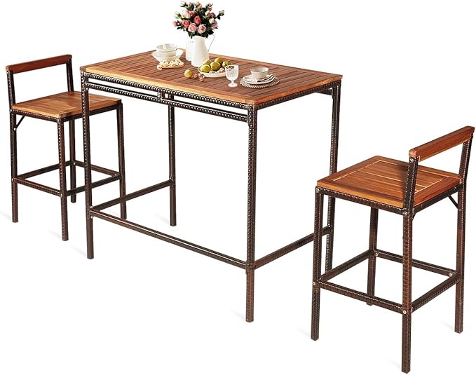 HAPPYGRILL 3 Pieces Outdoor Wicker Rattan Bar Set, Acacia Wood Patio Dining Furniture Set with 2 Chairs for Poolside Backyard Patio Balcony