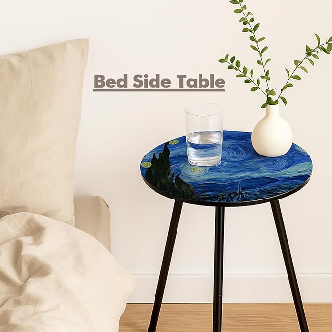 Outdoor Side Table Set of 2 Patio Side Tables for Outside Black End Tables Small Outdoor Table Round Patio End Table Metal Side Table Outside, Indoor, Bedroom, Living Room, Small Spaces, Starry Sky