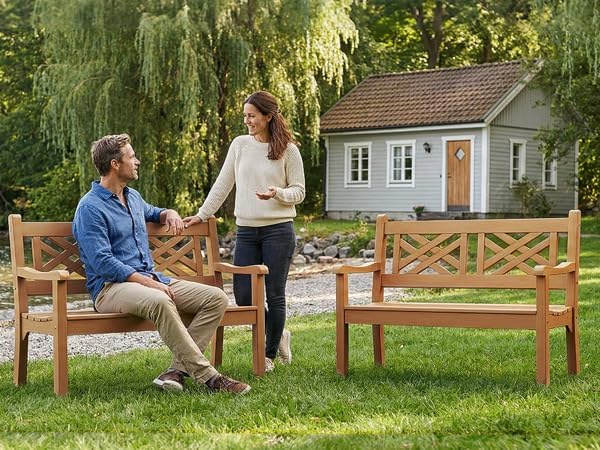 Psilvam 49''W All-Weather Poly Lumber Outdoor Bench – 2- Person Garden Bench with Decorative Backrest & Curved Armrests, Anti-Fade Patio Bench for Porch, Backyard, and Park(Teak Color)