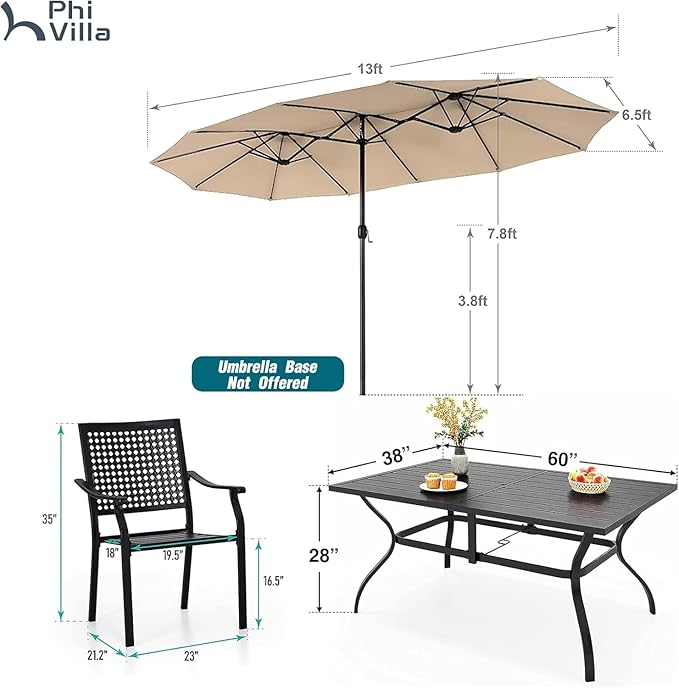 PHI VILLA 7 Pieces Outdoor Dining Set for 6 with Umbrella, 60" Long Metal Table & Stackable Iron Chairs with Cushions & 13ft Beige Umbrella, Modern Steel Furniture Set for Patio, Deck, Yard, Porch