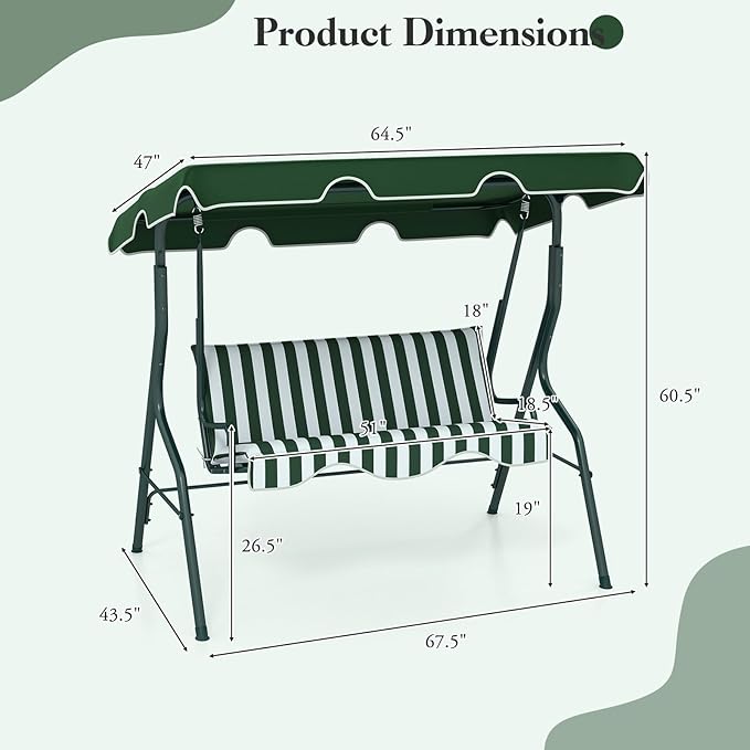 Porch Swing Outdoor, 3 Person Patio Swing w/Removable Cushion, Stand & Adjustable Canopy, Heavy Duty Swing Chair for Patio, Garden, Courtyard, Poolside