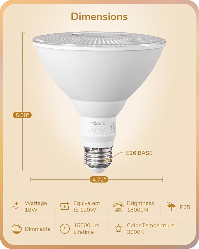 EDISHINE Flood Light Bulbs, PAR38 LED Outdoor Flood Light Bulbs, 120W Equivalent Dimmable Waterproof for Patio Yard Porch Driveway Garage, 3000K Warm Light 18W 1800LM E26 Base, 4 Pack, ETL Listed