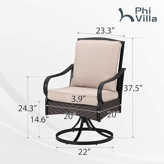 PHI VILLA Outdoor Swivel Chairs Set of 4, Heavy Duty Metal Wicker Dining Chairs with Cushions, Large All Weather Patio Seating Furniture for Porch, Deck, Backyard