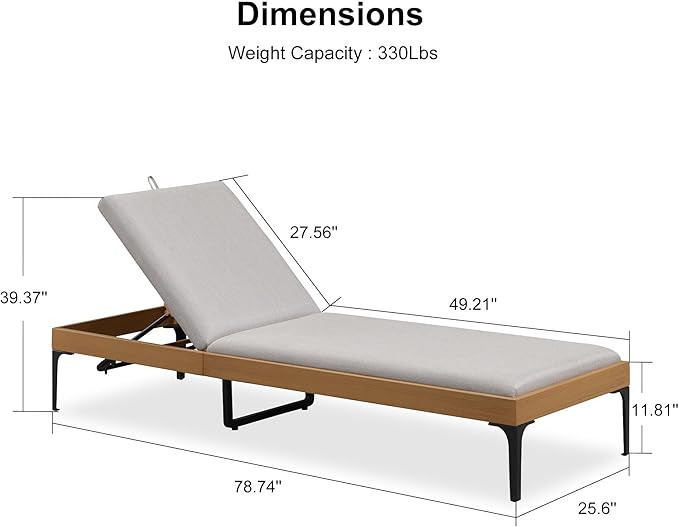PURPLE LEAF Outdoor Chaise Lounge Set of 4 Aluminum Adjustable Patio Lounger Chairs with Cushions Reclining Beach Daybed for Poolside Balcony Deck Backyard, Teak