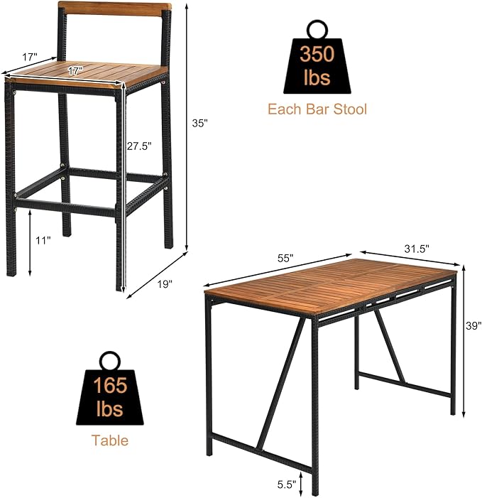 HAPPYGRILL 7 Piece Patio Bar Table Set with Umbrella Hole Acacia Wood High-Dining Bistro Set with 6 Bar Stools, PE Wicker Outdoor Bar Set for Backyard Patio and Poolside
