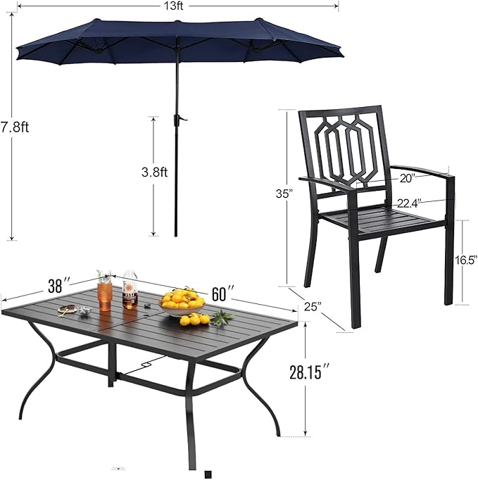 PHI VILLA Patio Dining Set 8 PCS with 13ft Double-Sided Patio Umbrella(Navy Blue),Metal Outdoor Dining Set - 6 x Outdoor Stackable Chairs, 1 x 60"x38"Rectangle Dining Table and 1 Umbrella