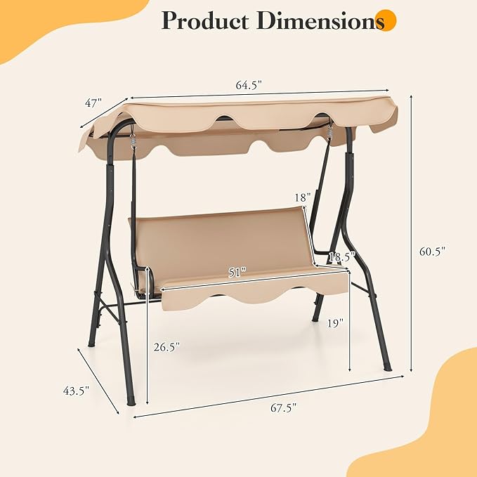 Porch Swing Outdoor, 3 Person Patio Swing w/Removable Cushion, Stand & Adjustable Canopy, Heavy Duty Swing Chair for Patio, Garden, Courtyard, Poolside