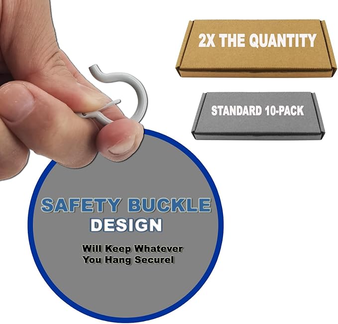 20 Pack Q Hanger Hooks with Safety Buckle, Rustproof Screw Hooks for Hanging String Lights, Bird Feeder, Plants, Wind Chimes & Holiday Decorations, Holds Up to 40 lbs(2.2" White Vinyl Coated )