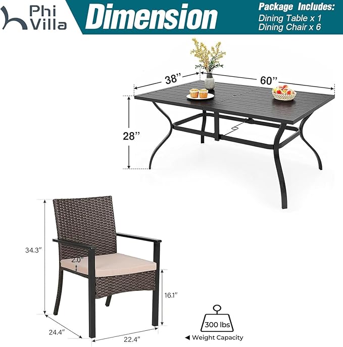 PHI VILLA 7 Piece Outdoor Dining Set for 6, 60” Rectangular Wrought Iron Table with Umbrella Hole & Cushioned Rattan Chairs, Large Furniture Set for Patio, Deck, Yard, Porch