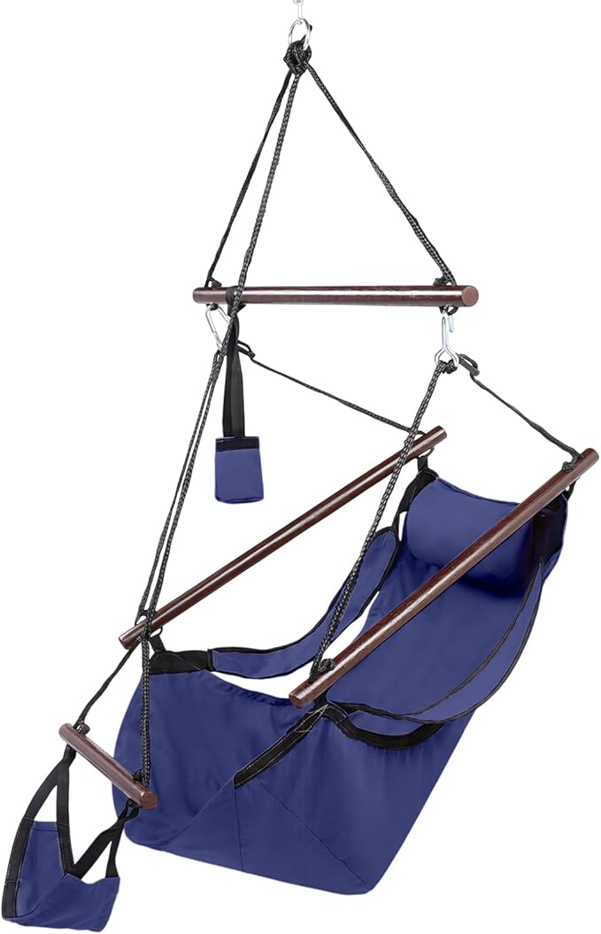 ONCLOUD Sky Chair, Deluxe Hanging Hammock Air Chair Swing Seat with Pillow, Drink Holder, Solid Wood Weather Resistant for Indoor/Outdoor Yard Garden Tree Patio Porch, 250 LBS (Navy Blue)