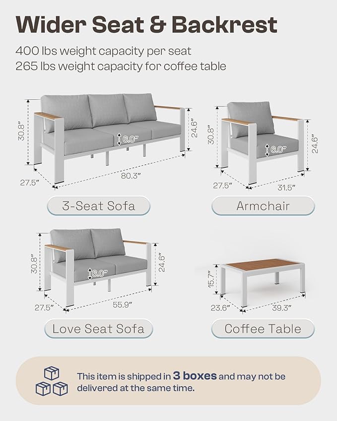 Aluminum Outdoor Patio Furniture Set with Coffee Table, 4 Piece Outdoor Conversation Sets with Washable Thick Cushions, Patio Sectional Furniture Set for Porch, Balcony, Deck, White