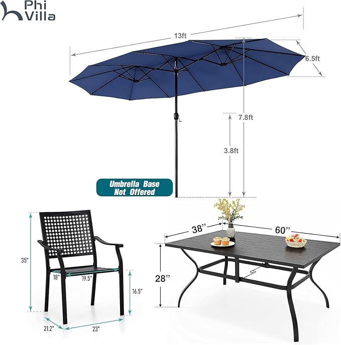 PHI VILLA 7 Pieces Outdoor Dining Set for 6 with Umbrella, 60" Long Metal Table & Stackable Iron Chairs with Cushions & 13ft Blue Umbrella, Modern Steel Furniture Set for Patio, Deck, Yard, Porch