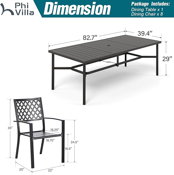 PHI VILLA 9 Pieces Outdoor Dining Set for 8, 83" Rectangular Metal Table with Umbrella Hole & Stackable Black Wrought Iron Chairs, Large Outside Furniture for Patio, Deck, Yard, Porch