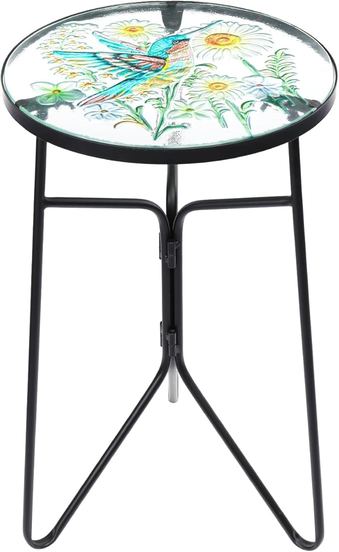 VCUTEKA Patio Side Table Outdoor Accent Table Bistro Coffee Table Plant End Table Small Porch Table Indoor Round Glass Balcony Plant Table Stands Golden Transparent Hummingbird 12 inches