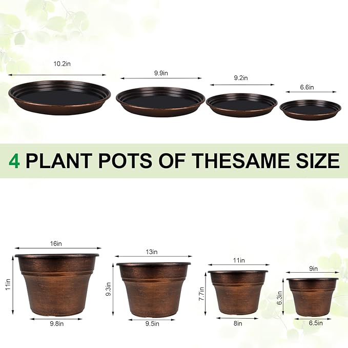 Plant Planters Pots Set of 4 Pack 16 Inch,Large Plastic Flower Pot for Indoor Plants with Drainage Holes & Trays, Resin Decorative Container Sets with Saucer for House Outdoor Garden Plant Copper