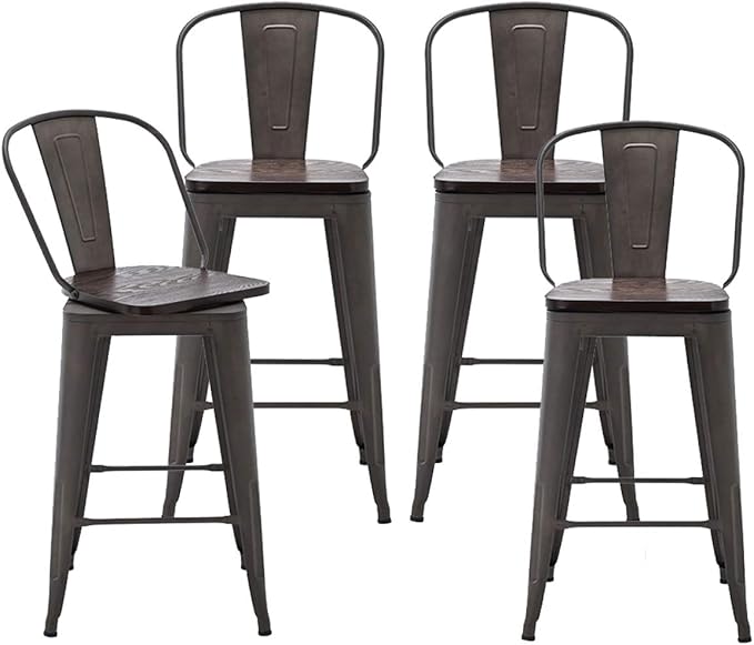 Alunaune 30" Swivel Metal Counter Height Bar Stools Set of 4 High Back Industrial Bar Chairs Kitchen Barstools with Large Wooden Seat-Rusty