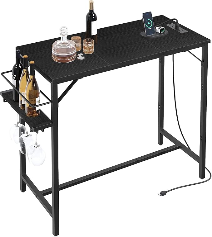 Bar Table, 35.4-Inch Counter Height Pub Table with Charging Station, Rectangular Dining Table with Wine Rack and Glass Holder, High Top Cocktail Tables, for Kitchen, Black(Only Table)