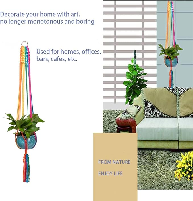 Rainbow Colorful Macrame Plant Hanger with 2 Hooks, Hanging Plant Holder Indoor Outdoor, Handmade Cotton Rope for Boho Room Decor Hanging Ceiling Decor,2 Pack