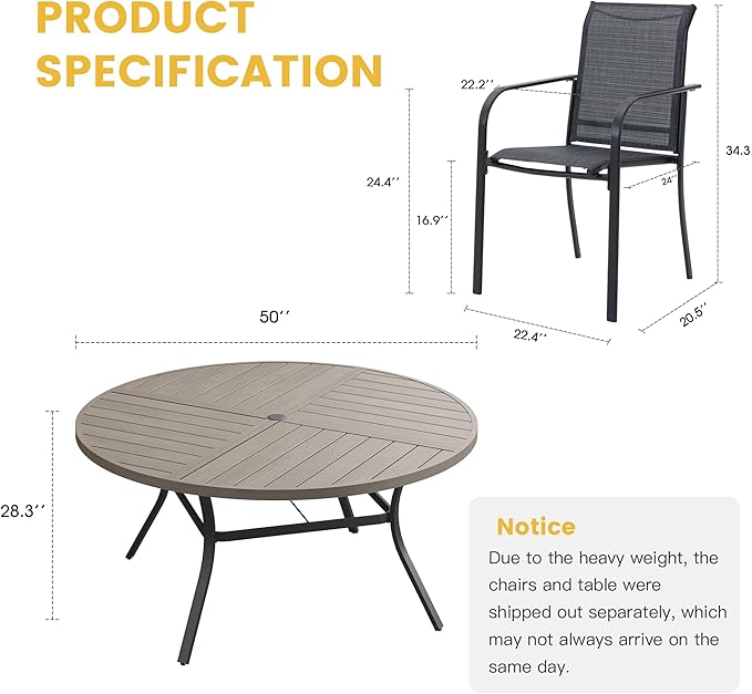 VICLLAX Patio Table and Chair Set of 6, All Weather Metal Round Outdoor Dining Furniture Set-50 Round Outdoor Table and Chairs, Grey Wood Grain Tabletop