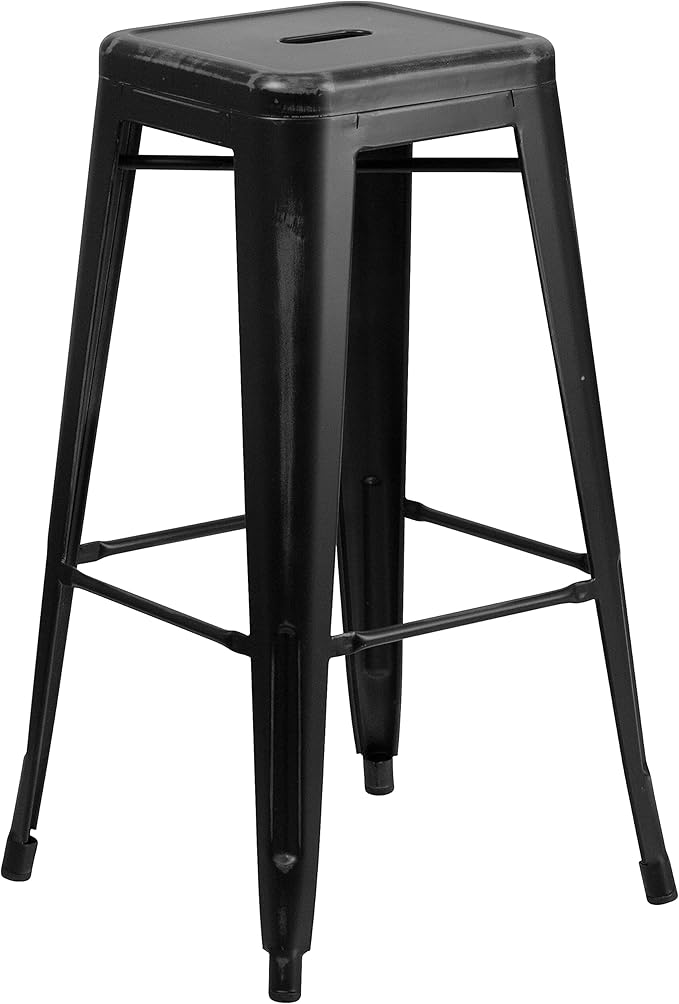 Flash Furniture Kai Commercial Grade 4 Pack 30" High Backless Distressed Black Metal Indoor-Outdoor Barstool