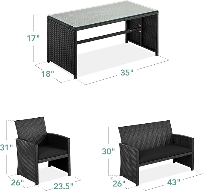 Best Choice Products 4-Piece Outdoor Wicker Patio Conversation Furniture Set for Backyard w/Coffee Table, Seat Cushions - Black/Black