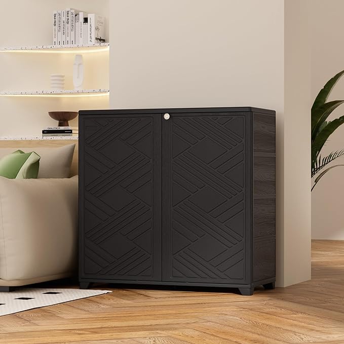 ADDOK Indoor Outdoor Plastic Storage Cabinet 34"x15"x34", Outdoor Storage Shed for Living Room, Hallway, Balcony, Garage, Garden, Backyard-Black(W/O Shelf)