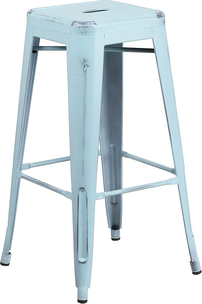 Flash Furniture Kai Commercial Grade 4 Pack 30" High Backless Distressed Green-Blue Metal Indoor-Outdoor Barstool