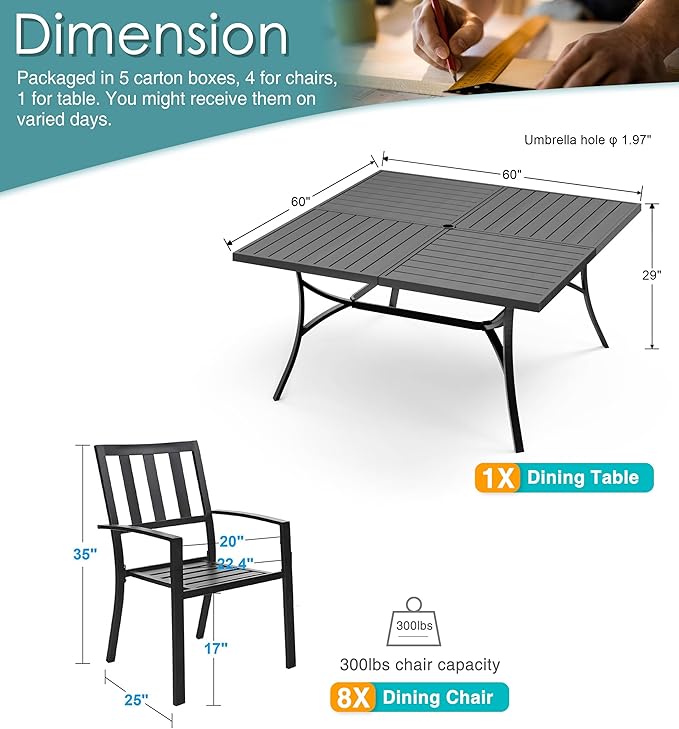 PHI VILLA 9 Pieces Outdoor Dining Set for 8, 60” Square Black Metal Table with Umbrella Hole & Stackable Iron Chairs, Large Outside Furniture Set for Patio, Deck, Yard, Porch