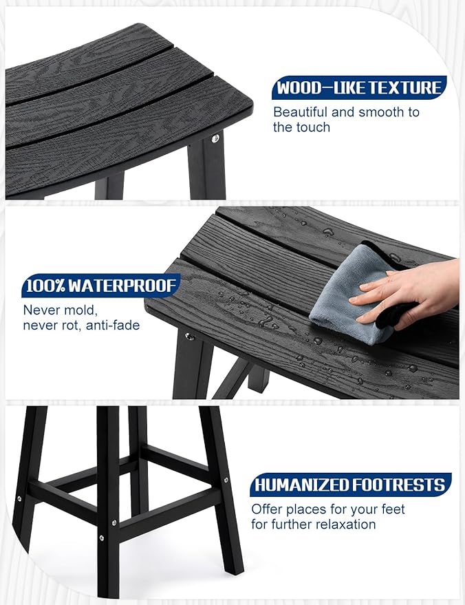 Weatherproof Bar Stools Set of 2, 28" Height Outdoor Bar Stools Holds up to 400 lbs, Saddle Seat, Bar Height Stools for Patio, Garden, and Kitchen Island, Black