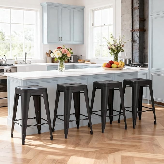 Stackable Metal Bar Stool Backless Indoor-Outdoor Counter Stools Fullmetal Dinning Chairs Set of 4 (Black, 24 Inch)