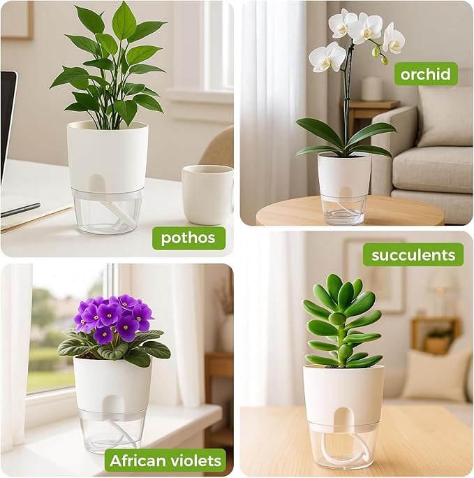 Planterhoma 8 Pack Self Watering Pots for Indoor Plants, 4 Inch Plant Pot Plastic Self Watering Planter for Orchid, African Violet, Small Clear Flower Pots with Drainage Holes and Wicking Rope, White