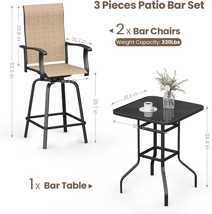 3-Piece Patio Bar Set with Textilene Swivel Bar Stools, All-Weather Bar Height Tempered Glass Table and Chairs for Lawn, Garden, Balcony, Deck, Backyard, Rustproof Frame-Light Brown