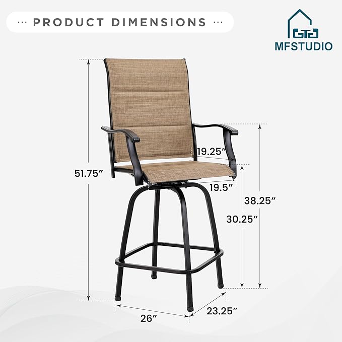 MFSTUDIO Outdoor Bar Stools Set of 2, Swivel Bar Height Patio Chairs Outdoor Barstools High Top Patio Swivel Bar Chairs, Padded Textilene Stools for Outside
