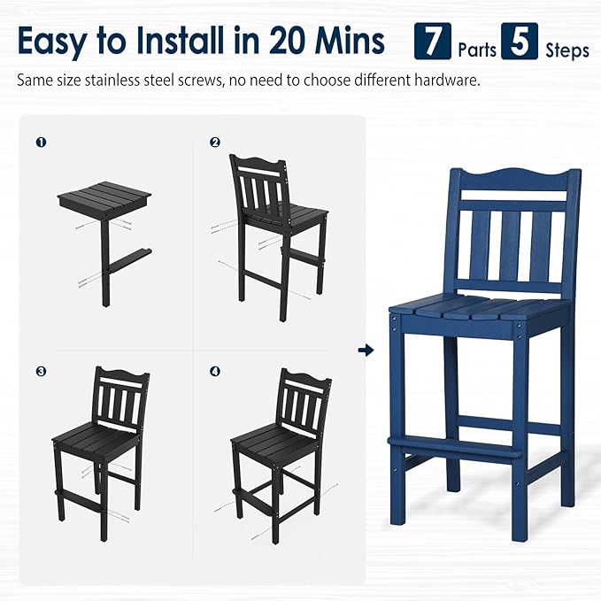 nalone Outdoor Bar Stool, HDPE Tall Adirondack Chair Bar Chair, Weather Resistance Bar Height Chairs for Balcony, Garden, Yard, Backyard (Navy Blue, Bar Chair)