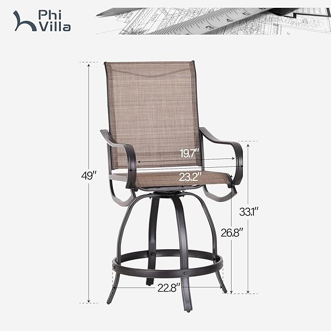PHI Villa Outdoor Swivel Bar Stools Set of 2, Counter Height Patio Chairs with Waterproof Textile Fabric Brown, Rustproof Metal Frame & Circular Footrest for Poolside, Garden, Yard