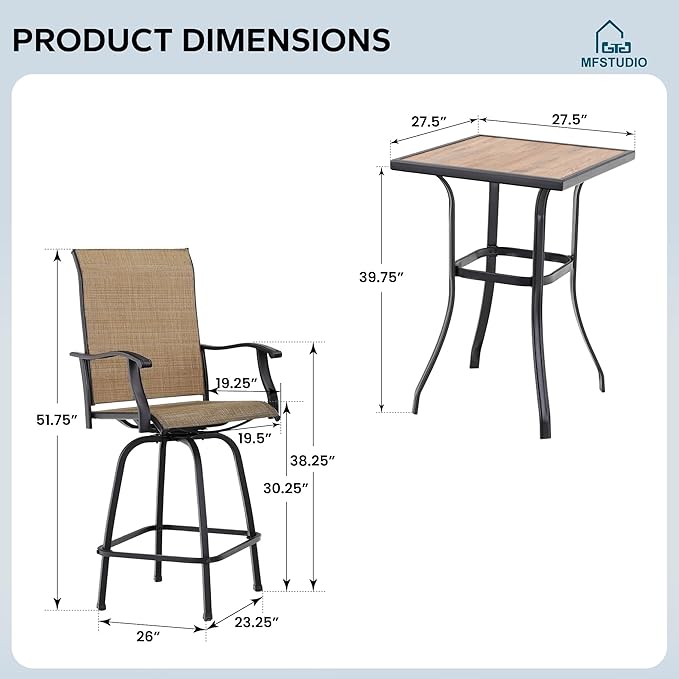 MFSTUDIO 5 Piece Outdoor Swivel Bar Set, Outdoor Bar Table and Chairs Set, Patio High Top Table and Chairs, Patio Dining Set Bar Height Table with 4 Chairs, Brown